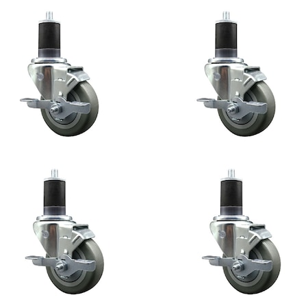 Service Caster 3.5'' SS Gray Poly Swivel 1-5/8'' Expanding Stem Caster Set with Brake, 4PK SCC-SSEX20S3514-PPUB-TLB-158-4